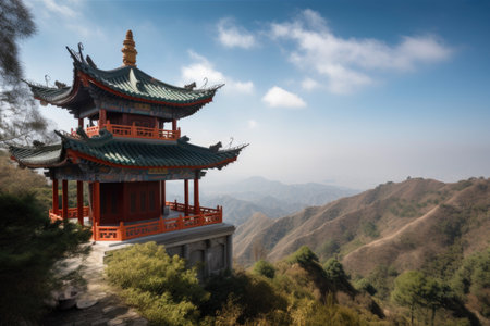 chinese pagoda overlooking vast expanse of misty mountains, with clear blue skies and white clouds, created with generative aiの素材