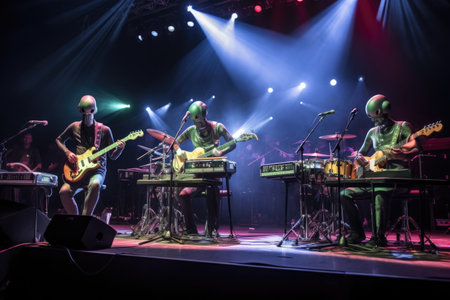 rousing rock concert, with alien musicians playing electric guitars and drums, created with generative aiの素材