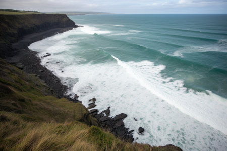 coastal view from the top of a cliff, with waves rolling into shore, created with generative aiの素材