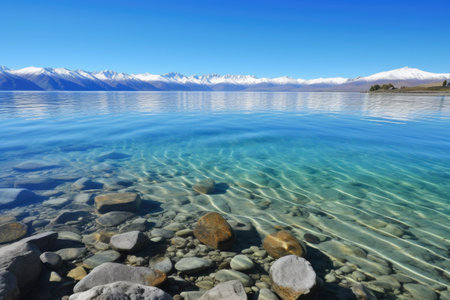 crystal-clear lake, with view of snow-capped mountain range and blue sky in the background, created with generative aiの素材