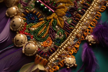close-up of sash on mardi gras card, with intricate beadwork and fringe, created with generative aiの素材