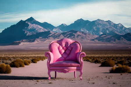 pink armchair with view of scenic mountain range in the background, created with generative aiの素材