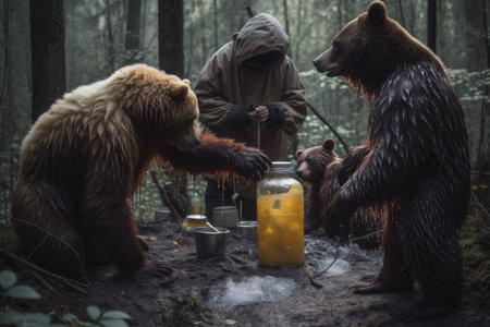 alien, feeding honey to family of bears in the forest, created with generative aiの素材