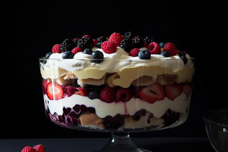 a decadent trifle dessert with layers of pudding, berries, and meringue, created with generative aiの素材
