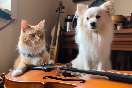 a cat playing the violin, while a dog plays the piano, created with generative aiの素材