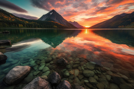 crystal-clear lake with view of towering mountains and colorful sunrise, created with generative aiの素材