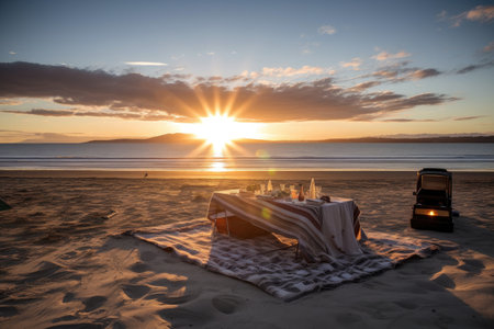 picnic setup on the beach, with view of the sun setting into the horizon, created with generative aiの素材