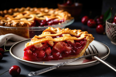 cherry pie, with lattice top and golden crust, taking center stage on white plate, created with generative aiの素材