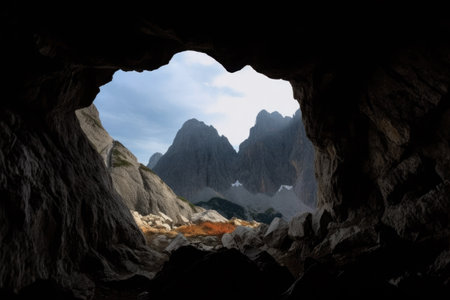 cave with a view of the sky, surrounded by towering mountain peaks, created with generative aiの素材