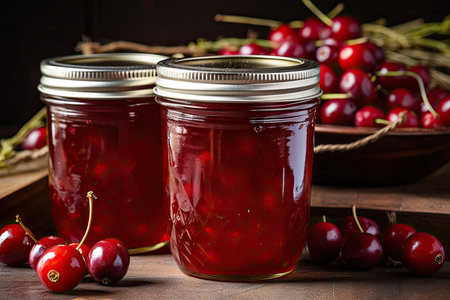 jar of tangy cherry preserves with a beautiful red color, created with generative aiの素材