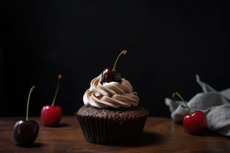 edible chocolate cupcake, with whipped cream and cherry on top, created with generative aiの素材