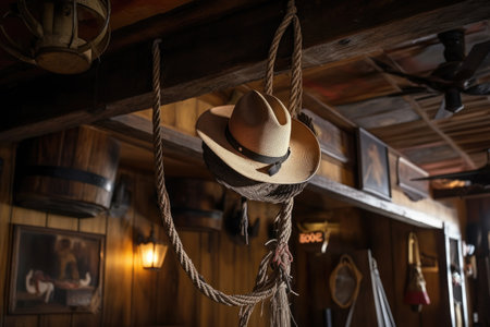 a cowboy hat with a rope attached, hanging from the ceiling of a saloon, created with generative aiの素材