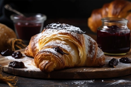 homemade croissant, filled with chocolate and cherry jam, sprinkled with powdered sugar, created with generative aiの素材