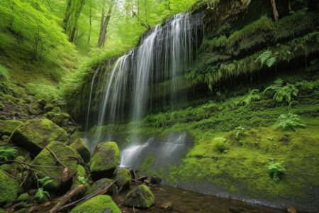 majestic waterfall cascading over moss-covered rock face in verdant forest, created with generative aiの素材