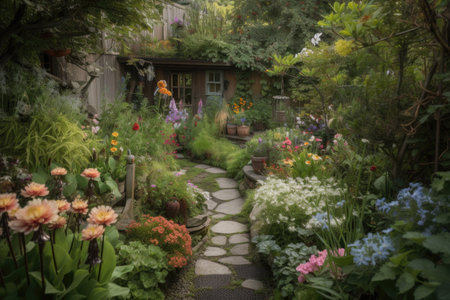 a garden with a variety of greenery and flowering plants, created with generative aiの素材