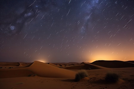 night sky with stars and meteor showers over the dunes of the sahara desert, created with generative aiの素材
