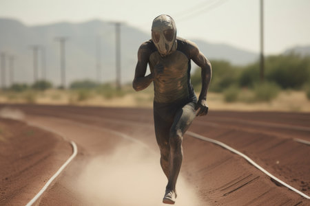 alien athlete, running in straight line with headlong speed, on hot and dusty track, created with generative aiの素材