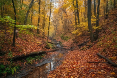 colorful autumn forest with long trails, streams and waterfalls, created with generative aiの素材