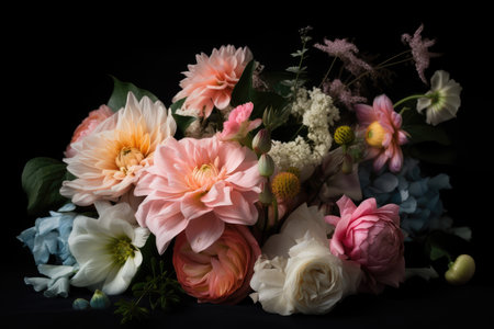 pastel flower bouquet on sleek black background, created with generative aiの素材