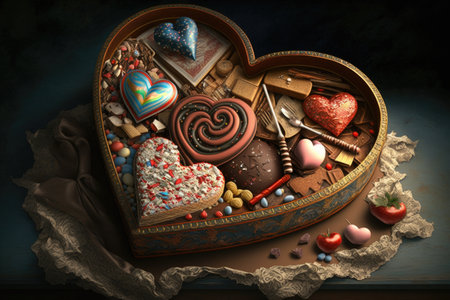 heart-shaped box overflowing with treats, overflowing onto the plate, created with generative aiの素材