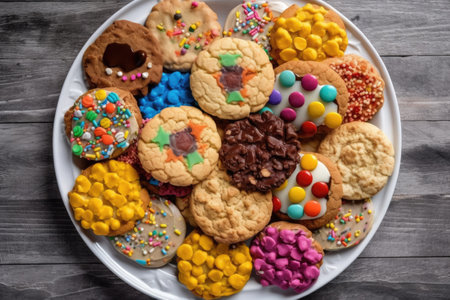 plate of cookies, each with different topping and shape, created with generative aiの素材