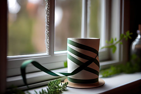 paper streamer intertwined with holiday greenery and displayed on windowsill, created with generative aiの素材