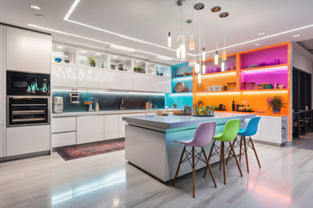 a kitchen with colorful lights, bringing a pop of color to the space, created with generative aiの素材