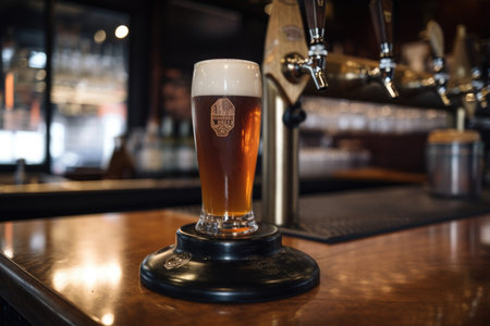 close-up of foamy brew, with a view of the tap handle and custom tap plate visible, created with generative aiの素材