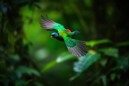 colorful bird flying over lush green forest, created with generative aiの素材
