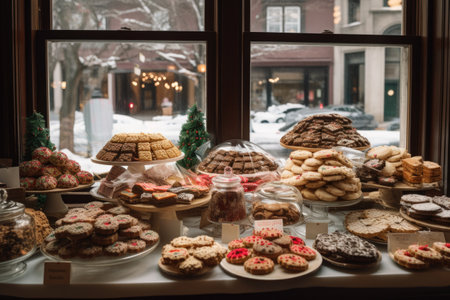 christmas cookies and other holiday treats at bakery window display, created with generative aiの素材