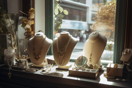 a jewelry display in a window with natural light, showing off the pieces, created with generative aiの素材