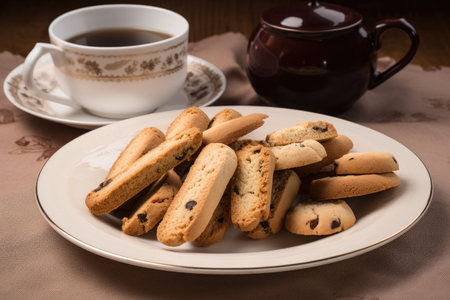 plate of cookies and biscotti, ready to be served with coffee or tea, created with generative aiの素材