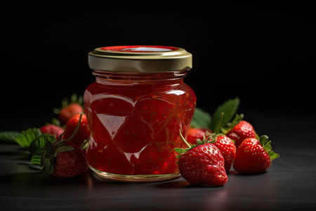 semi-transparent jam jar, filled with fresh and juicy strawberry preserves, created with generative aiの素材