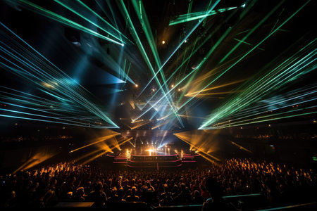 a concert hall with a full stage production, including lights and lasers, created with generative aiの素材