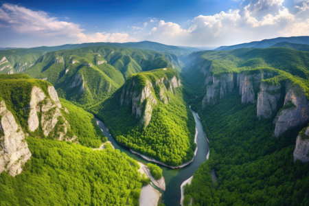 majestic mountain range with rivers and waterfalls, surrounded by forest, created with generative aiの素材