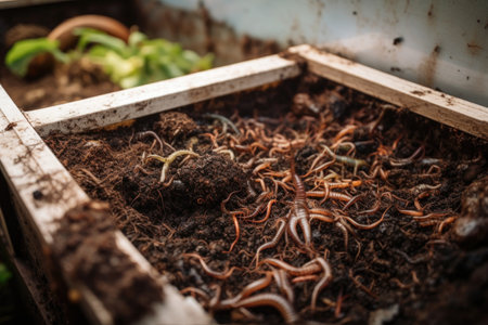 close-up of vermicomposting bin, with writhing worms visible, created with generative aiの素材