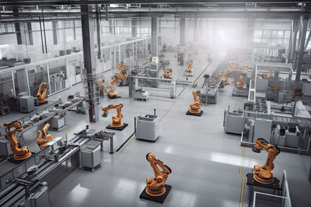 factory floor filled with advanced robotic systems, performing complex tasks in sync, created with generative aiの素材