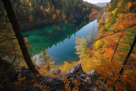 autumn forest hike, with a view of a crystal-clear lake, created with generative aiの素材