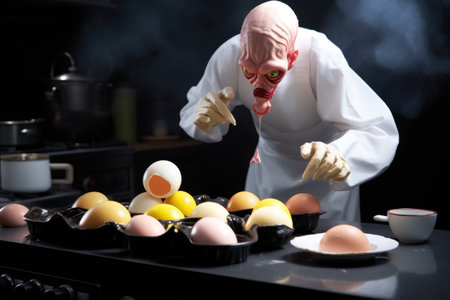 alien chef preparing plate of bacon and eggs, one of the most iconic breakfast dishes, created with generative aiの素材