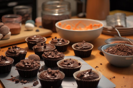 chocoholic baking chocolate cupcakes for friends birthday party, created with generative aiの素材