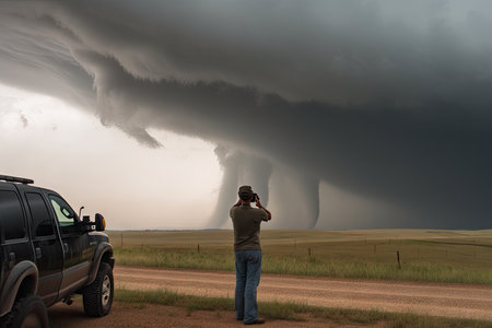 storm chaser observes powerful tornado from a safe distance, with storm clouds spinning in the background, created with generative aiの素材