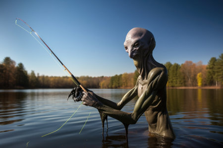 alien with fishing rod, casting line into peaceful lake, created with generative aiの素材
