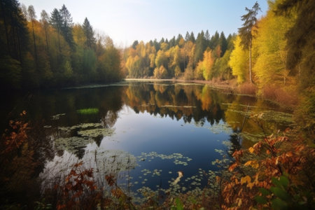 autumn forest hike with view of a peaceful lake, created with generative aiの素材
