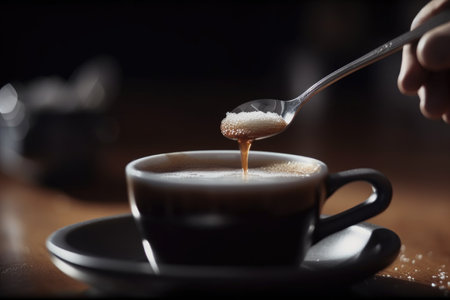 close-up of spoon stirring sugar into warm cup of coffee, created with generative aiの素材