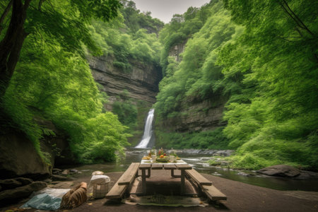 picnic with view of waterfall, surrounded by greenery, created with generative aiの素材