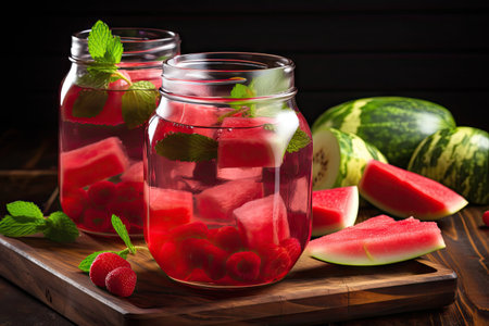 refreshing watermelon water with a slice of juicy fruit, created with generative aiの素材