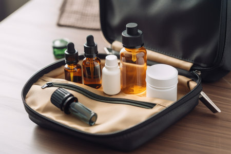 person, packing bag for trip to sunny destination, with bottle of cbd oil and products for relaxation, created with generative aiの素材