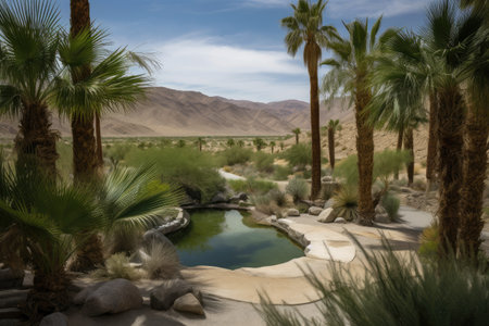 desert oasis, with view of rolling hills and palm trees in the background, created with generative aiの素材