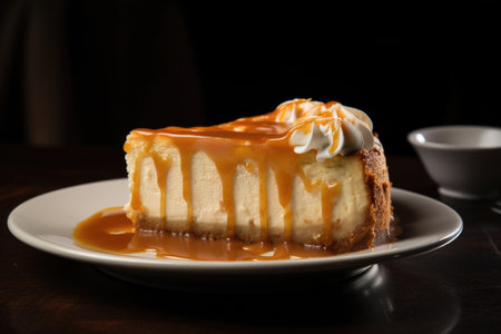 tres leches cheesecake, with its delicate sponge cake crust, caramel drizzle and creamy filling, created with generative aiの素材