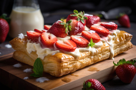 white flaky puff pastry topped with creamy custard and fresh strawberries, created with generative aiの素材